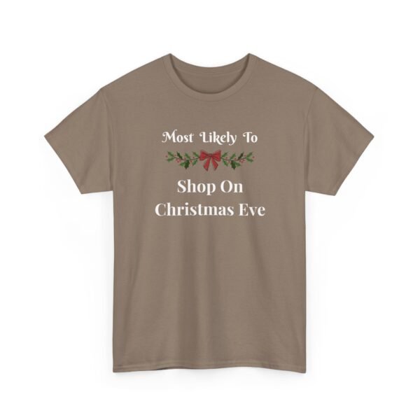 Unisex t-shirt from Twisted Angell with the sarcastic phrase “Most Likely To Shop On Christmas Eve” printed on the front.