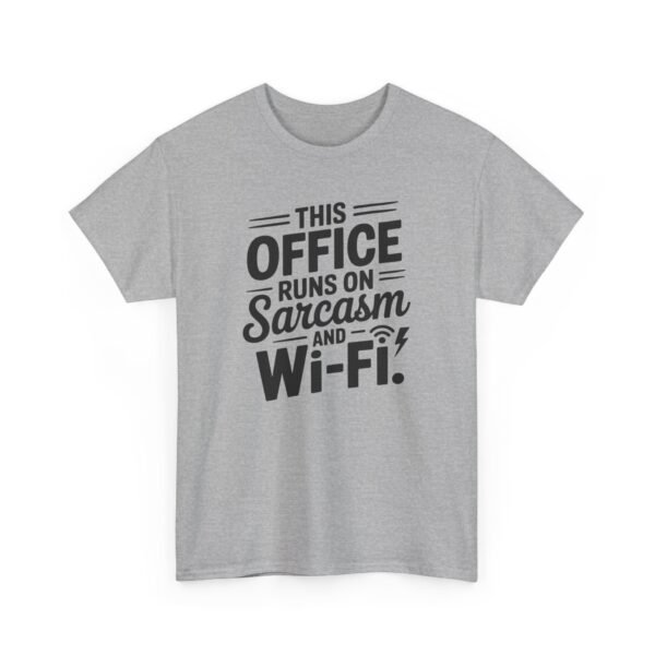 Unisex t-shirt from Twisted Angell with the sarcastic phrase “Sarcasm & Wi‑Fi Office” printed on the front.