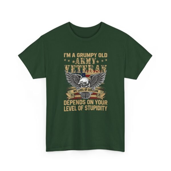 Unisex t-shirt from Twisted Angell with the sarcastic phrase “I'm A Grumpy Old Army Veteran, My Level Of Sarcasm Depends On Your Level Of Stupidity” printed on the front.