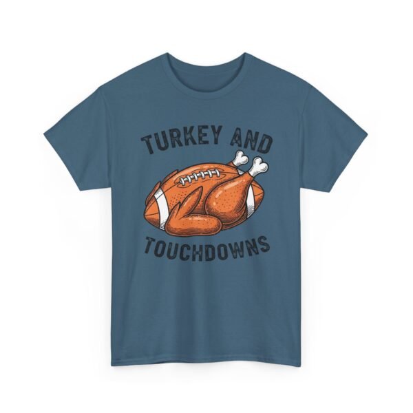 Unisex t-shirt from Twisted Angell with the sarcastic phrase “Turkey and Touchdowns” printed on the front.