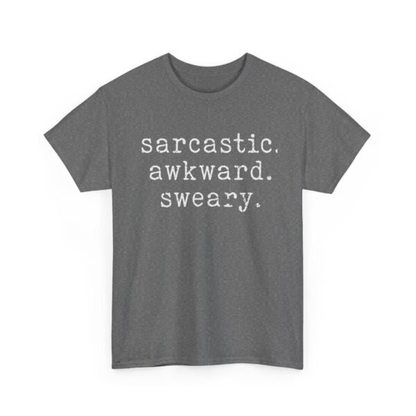 Unisex t-shirt from Twisted Angell with the sarcastic phrase “Sarcastic Awkward Sweary” printed on the front.