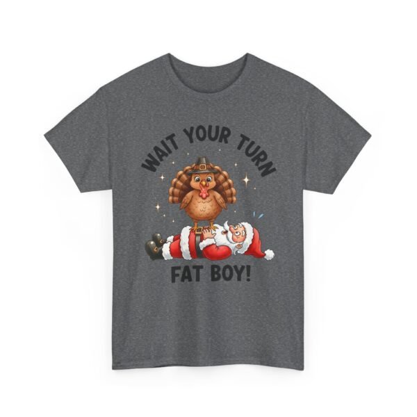 Unisex t-shirt from Twisted Angell with the sarcastic phrase “Wait Your Turn Fat Boy” printed on the front.