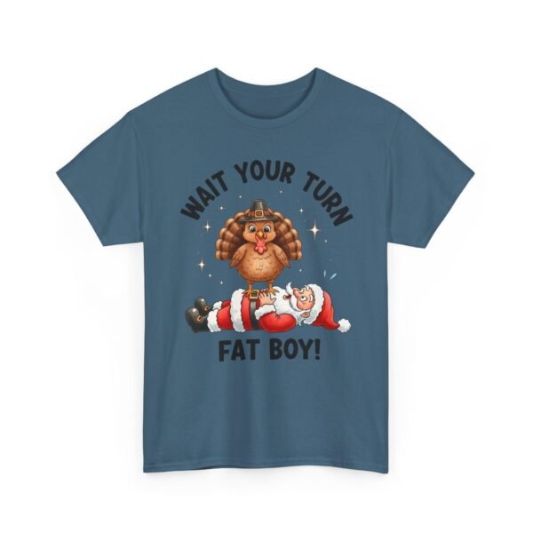 Unisex t-shirt from Twisted Angell with the sarcastic phrase “Wait Your Turn Fat Boy” printed on the front.