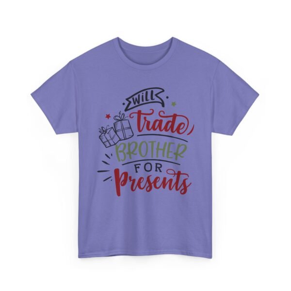 Unisex t-shirt from Twisted Angell with the sarcastic phrase “Will Trade Brother For Presents” printed on the front.