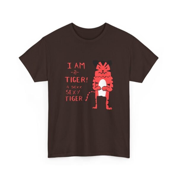 Unisex t-shirt from Twisted Angell with the sarcastic phrase “I Am a Tiger, A Sexy, Sexy Tiger” printed on the front.