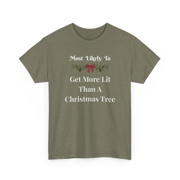 Unisex t-shirt from Twisted Angell with the sarcastic phrase “Most Likely To Get More Lit Than A Christmas Tree” printed on the front.