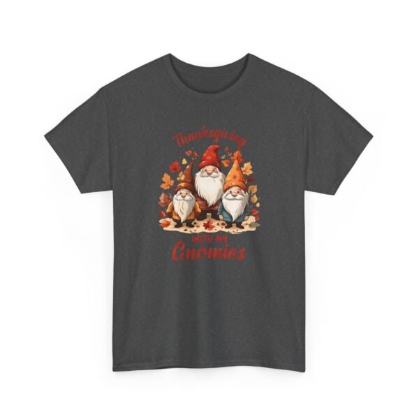 Unisex t-shirt from Twisted Angell with the sarcastic phrase “Thanksgiving With My Gnomies” printed on the front.