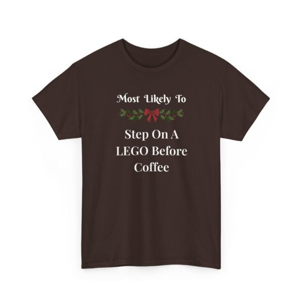 14742272269302387810_2048.jpeg Unisex t-shirt from Twisted Angell with the sarcastic phrase “Most Likely To Step On A LEGO Before Coffee” printed on the front.