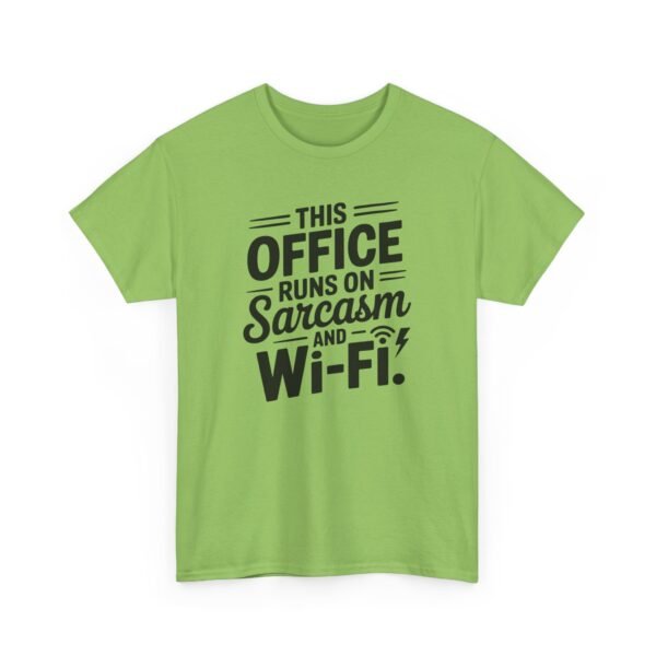 Unisex t-shirt from Twisted Angell with the sarcastic phrase “Sarcasm & Wi‑Fi Office” printed on the front.