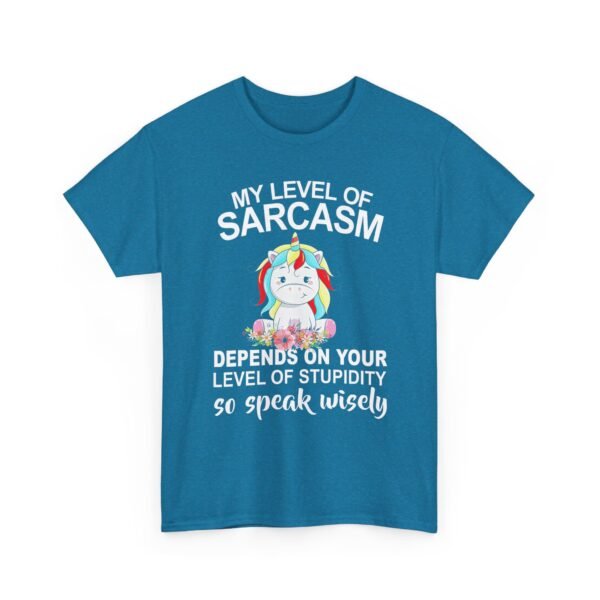Unisex t-shirt from Twisted Angell with the sarcastic phrase “My Level Of Sarcasm Depends On Your Level Of Stupidity So Speak Wisely” printed on the front.