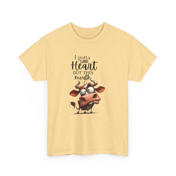 14871621897259748032_2048-1.jpeg Unisex t-shirt from Twisted Angell with the sarcastic phrase “I Gotta Good Heart But This Mouth - Cow” printed on the front.