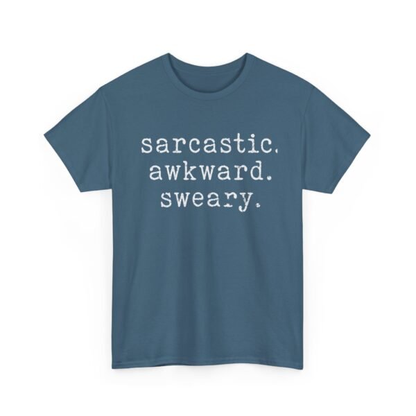 Unisex t-shirt from Twisted Angell with the sarcastic phrase “Sarcastic Awkward Sweary” printed on the front.