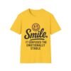 Unisex t-shirt from Twisted Angell with the sarcastic phrase “Smile. It confuses the emotionally stable” printed on the front.