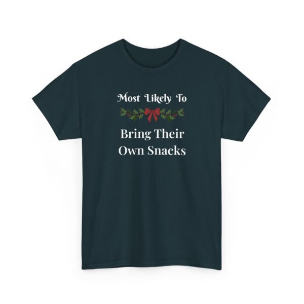 Unisex t-shirt from Twisted Angell with the sarcastic phrase “Most Likely To Bring Their Own Snacks” printed on the front.