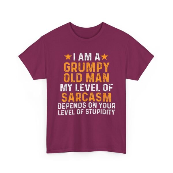 Unisex t-shirt from Twisted Angell with the sarcastic phrase “I Am A Grumpy Old Man, My Level Of Sarcasm Depends On Your Level Of Stupidity” printed on the front.