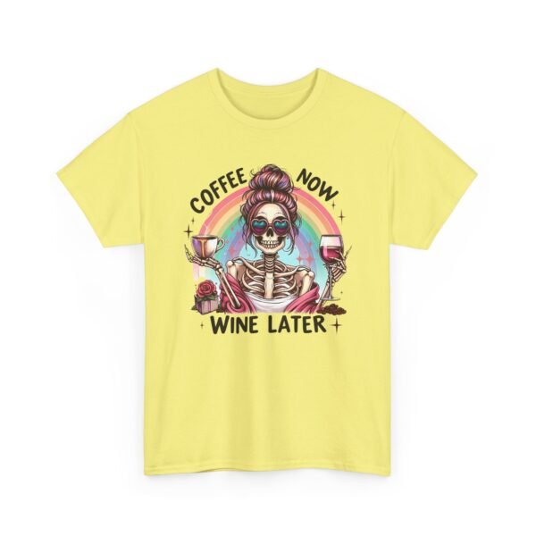 Unisex t-shirt from Twisted Angell with the sarcastic phrase “Coffee Now, Wine Later” printed on the front.