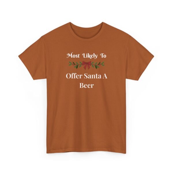 Unisex t-shirt from Twisted Angell with the sarcastic phrase “Most Likely To Offer Santa A Beer” printed on the front.