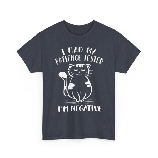 Unisex t-shirt from Twisted Angell with the sarcastic phrase “I Had My Patience Tested, I'm Negative” printed on the front.