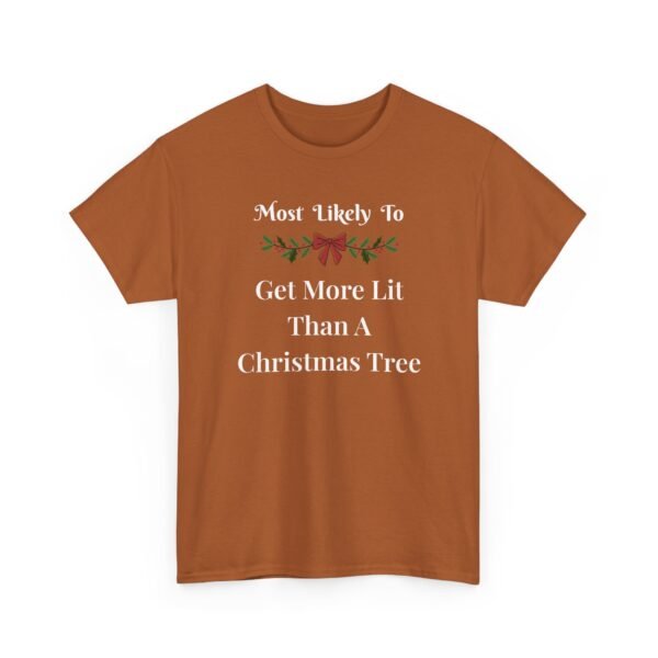 Unisex t-shirt from Twisted Angell with the sarcastic phrase “Most Likely To Get More Lit Than A Christmas Tree” printed on the front.