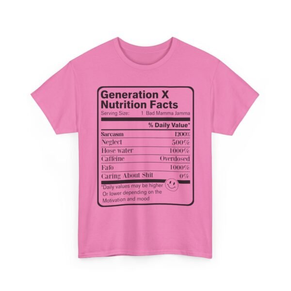 Unisex t-shirt from Twisted Angell with the sarcastic phrase “Generation X Nutrition Facts” printed on the front.