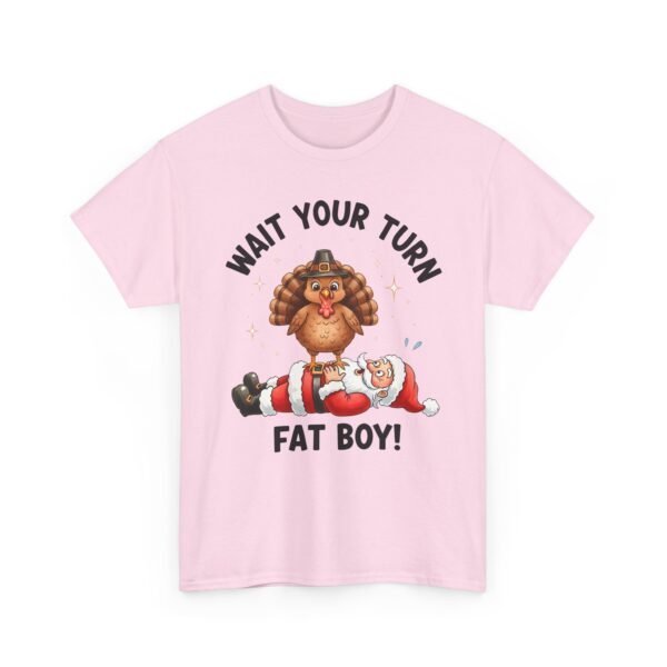 Unisex t-shirt from Twisted Angell with the sarcastic phrase “Wait Your Turn Fat Boy” printed on the front.