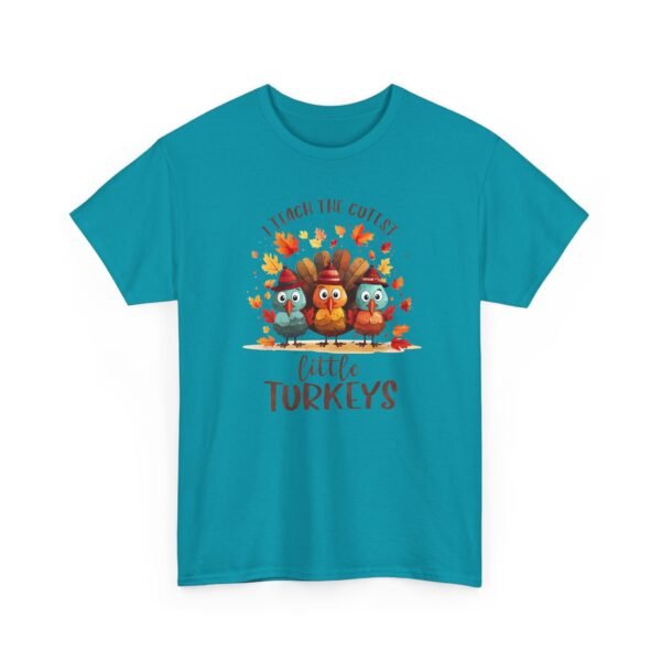 Unisex t-shirt from Twisted Angell with the sarcastic phrase “I Teach The Cutest Little Turkeys” printed on the front.
