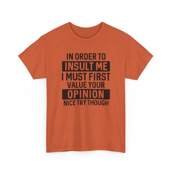 Unisex t-shirt from Twisted Angell with the sarcastic phrase “In Order To Insult Me I Must First Value Your Opinion, Nice Try Though” printed on the front.