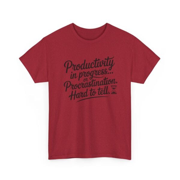Unisex t-shirt from Twisted Angell with the sarcastic phrase “Productivity in progress... Procrastination. Hard to tell” printed on the front.