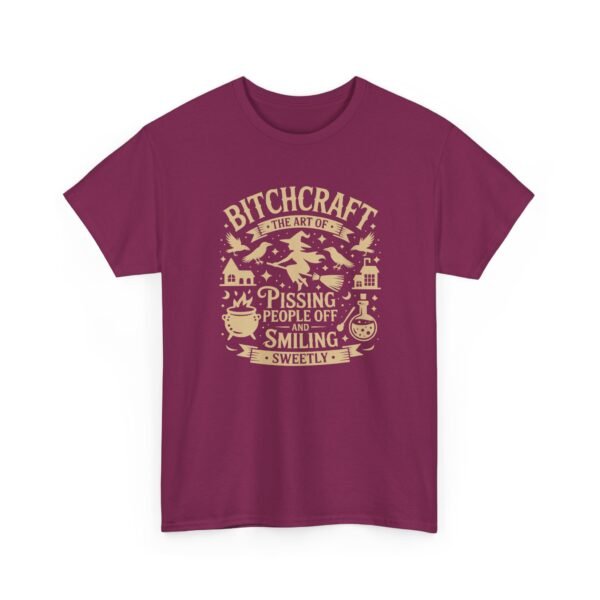 Unisex t-shirt from Twisted Angell with the sarcastic phrase “Bitchcraft, The Art Of Pissing. People Off And Smiling Sweetly” printed on the front.