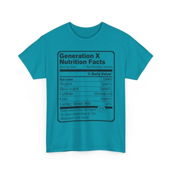 Unisex t-shirt from Twisted Angell with the sarcastic phrase “Generation X Nutrition Facts” printed on the front.