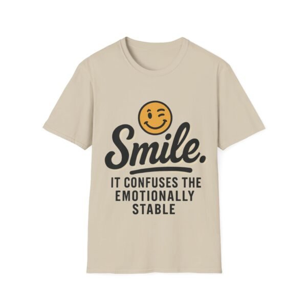 Unisex t-shirt from Twisted Angell with the sarcastic phrase “Smile. It confuses the emotionally stable” printed on the front.