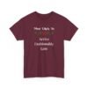 Unisex t-shirt from Twisted Angell with the sarcastic phrase “Most Likely to Arrive Fashionably Late” printed on the front.