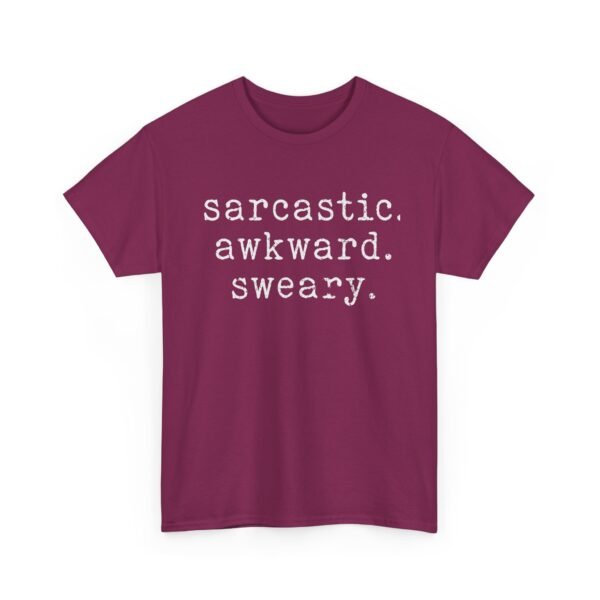 Unisex t-shirt from Twisted Angell with the sarcastic phrase “Sarcastic Awkward Sweary” printed on the front.