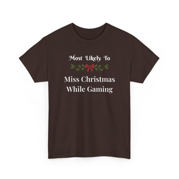 15837478850475604830_2048.jpeg Unisex t-shirt from Twisted Angell with the sarcastic phrase “Most Likely To Miss Christmas While Gaming” printed on the front.
