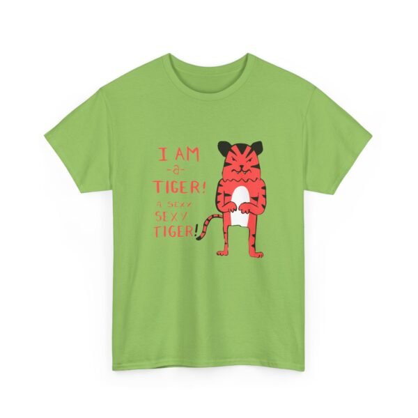 Unisex t-shirt from Twisted Angell with the sarcastic phrase “I Am a Tiger, A Sexy, Sexy Tiger” printed on the front.