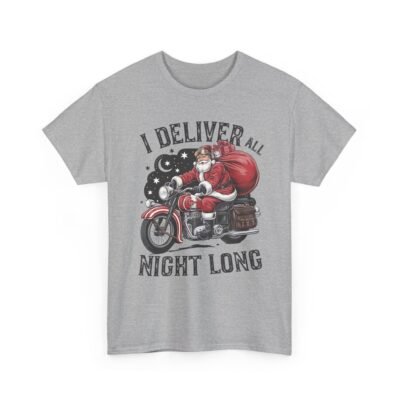 Unisex t-shirt from Twisted Angell with the sarcastic phrase “I Deliver All Night Long - Santa On Motorcycle” printed on the front.