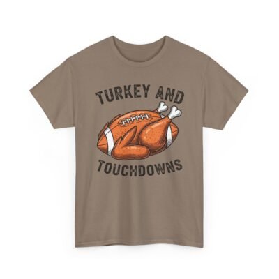 Unisex t-shirt from Twisted Angell with the sarcastic phrase “Turkey and Touchdowns” printed on the front.
