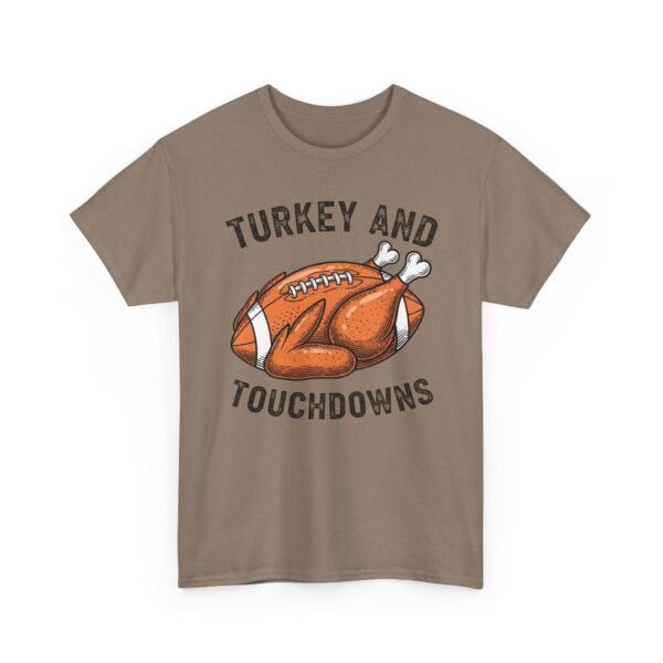 Unisex t-shirt from Twisted Angell with the sarcastic phrase “Turkey and Touchdowns” printed on the front.