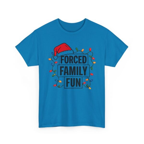 Unisex t-shirt from Twisted Angell with the sarcastic phrase “Forced Family Fun” printed on the front.