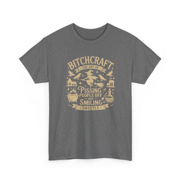 Unisex t-shirt from Twisted Angell with the sarcastic phrase “Bitchcraft, The Art Of Pissing. People Off And Smiling Sweetly” printed on the front.