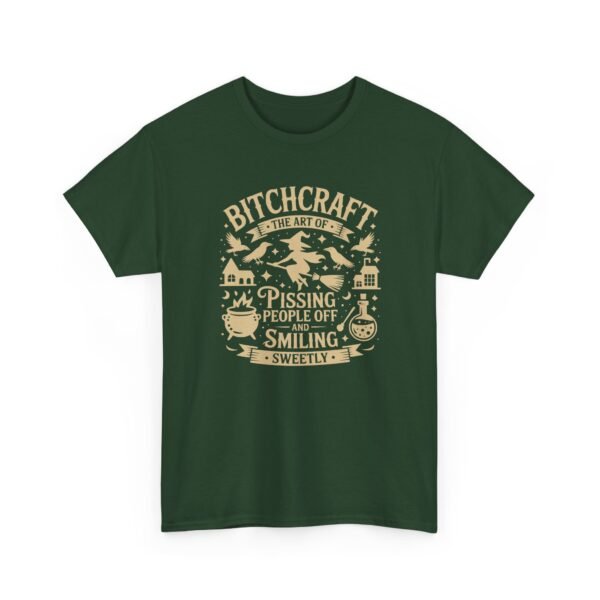 Unisex t-shirt from Twisted Angell with the sarcastic phrase “Bitchcraft, The Art Of Pissing. People Off And Smiling Sweetly” printed on the front.