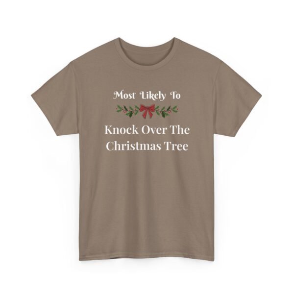 Unisex t-shirt from Twisted Angell with the sarcastic phrase “Most Likely To Knock Over The Christmas Tree” printed on the front.
