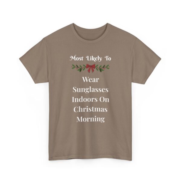 Unisex t-shirt from Twisted Angell with the sarcastic phrase “Most Likely To Wear Sunglasses Indoors On Christmas Morning” printed on the front.