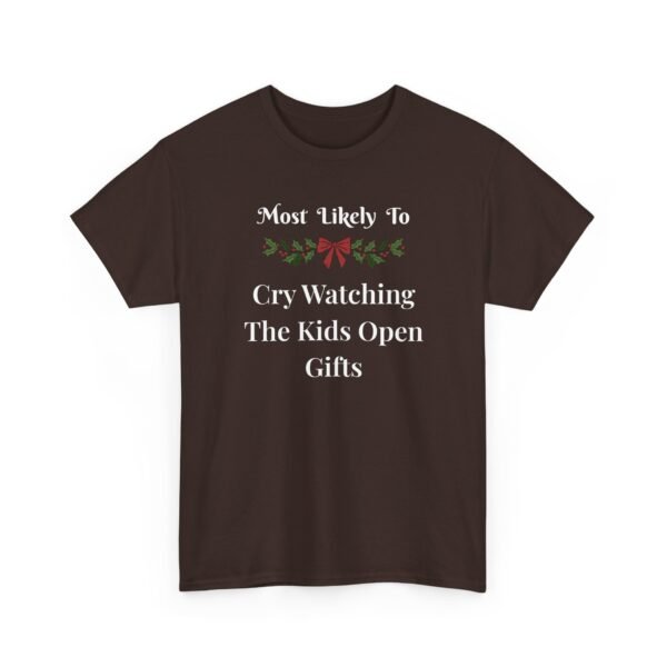 Unisex t-shirt from Twisted Angell with the sarcastic phrase “Most Likely To Cry Watching The Kids Open Gifts” printed on the front.