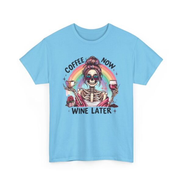 Unisex t-shirt from Twisted Angell with the sarcastic phrase “Coffee Now, Wine Later” printed on the front.