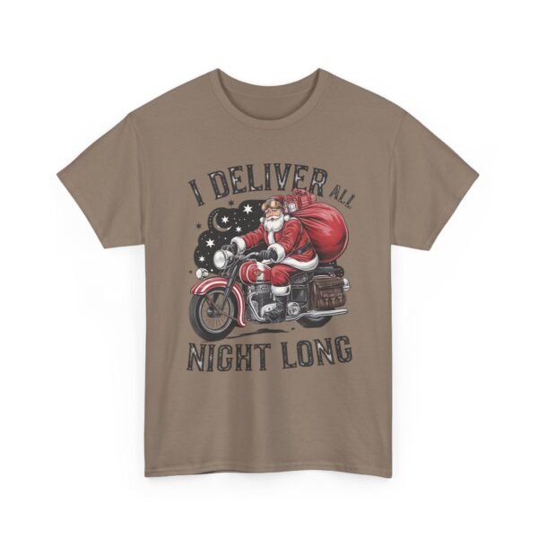 Unisex t-shirt from Twisted Angell with the sarcastic phrase “I Deliver All Night Long - Santa On Motorcycle” printed on the front.