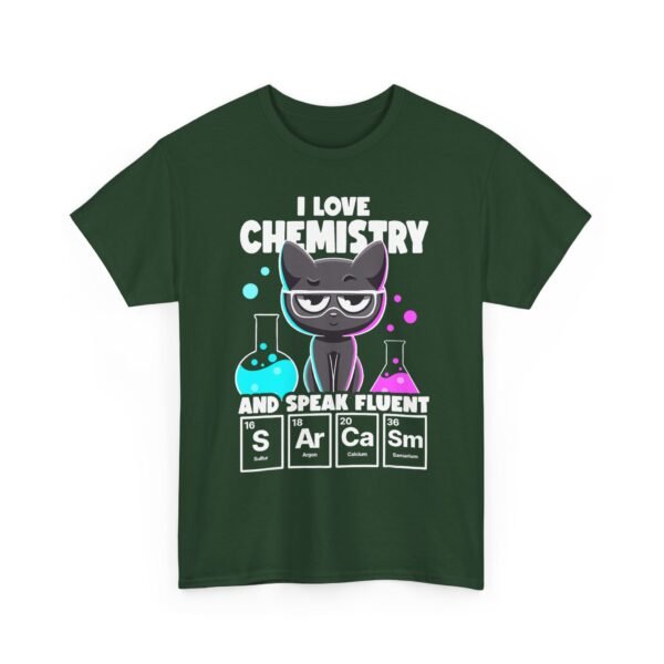 Unisex t-shirt from Twisted Angell with the sarcastic phrase “I Love Chemistry And Speak Fluent Sarcasm” printed on the front.