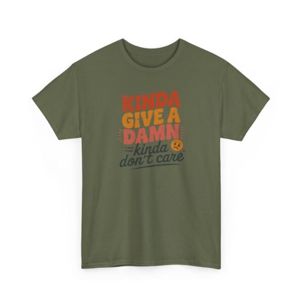 Unisex t-shirt from Twisted Angell with the sarcastic phrase “Kinda Give a Damn, Kinda Don't Care” printed on the front.