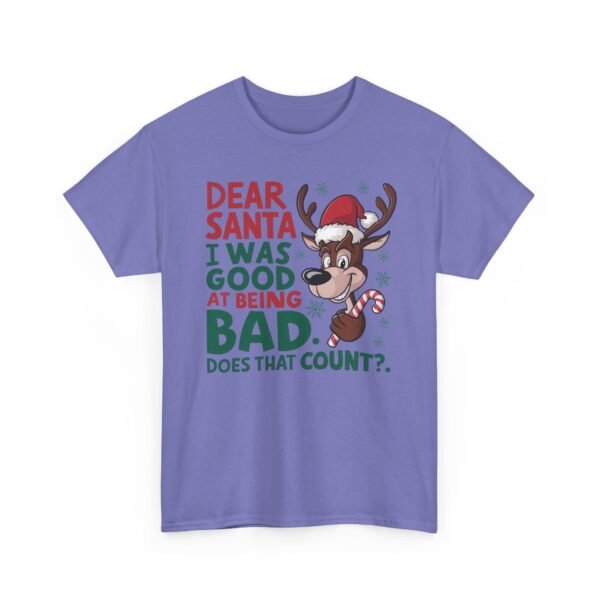 Unisex t-shirt from Twisted Angell with the sarcastic phrase “Dear Santa I Was Good at Being Bad” printed on the front.