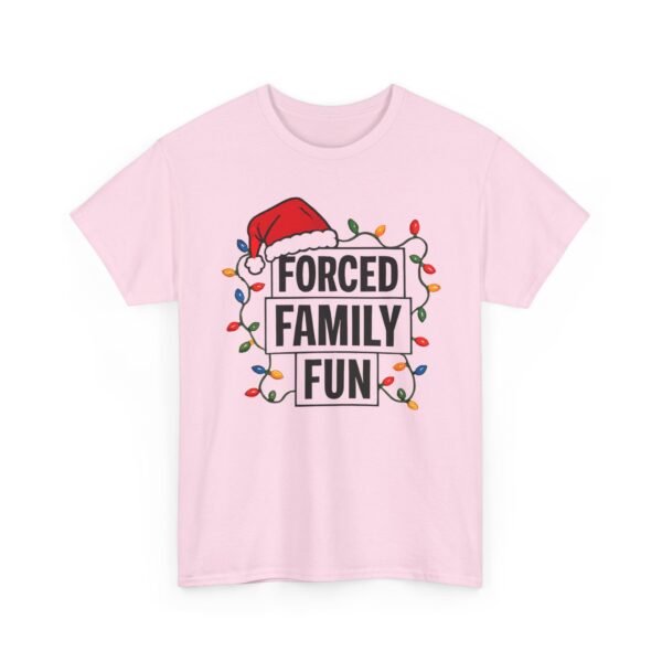 Unisex t-shirt from Twisted Angell with the sarcastic phrase “Forced Family Fun” printed on the front.